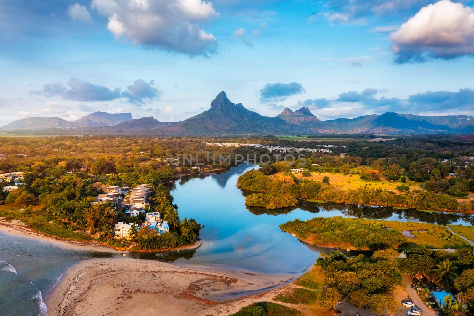 Rempart mountain view from Tamarin bay, Black river, scenic nature of Mauritius island. Beautiful nature and landscapes of Mauritius island. Rempart mountains view from Tamarin bay, Mauritius. by DaLiu