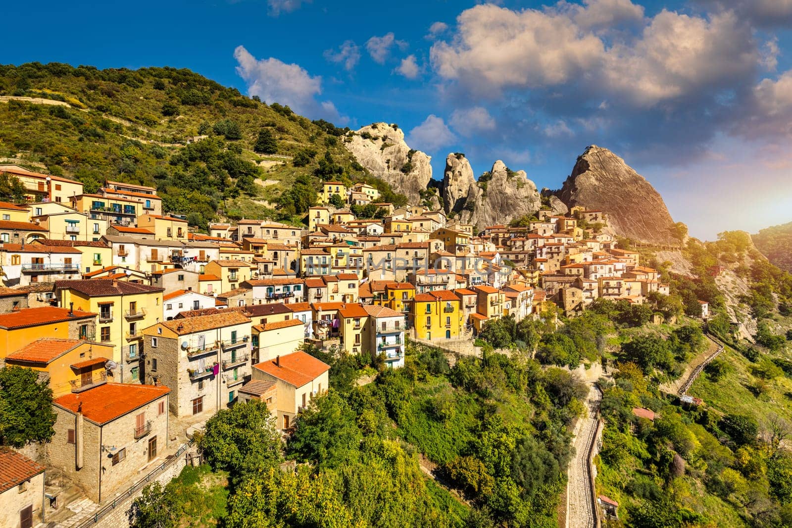 The picturesque village of Castelmezzano, province of Potenza, Basilicata, Italy. Cityscape aerial view of medieval city of Castelmazzano, Italy. Castelmezzano village in Apennines Dolomiti Lucane.