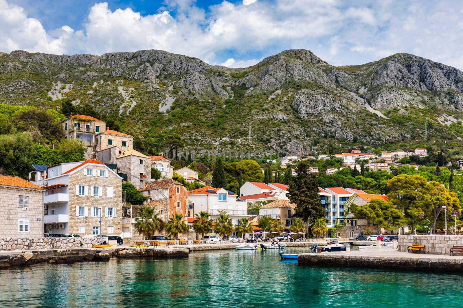 Idyllic village of Mlini in Dubrovnik archipelago view, south Dalmatia region of Croatia. Adriatic village of Mlini waterfront aerial view, Dubrovnik coastline of Croatia.
