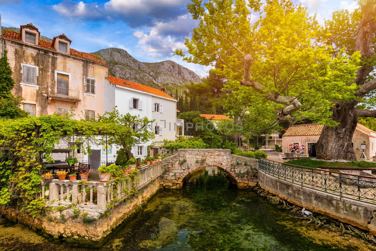 Idyllic village of Mlini in Dubrovnik archipelago view, south Dalmatia region of Croatia. Adriatic village of Mlini waterfront aerial view, Dubrovnik coastline of Croatia. by DaLiu