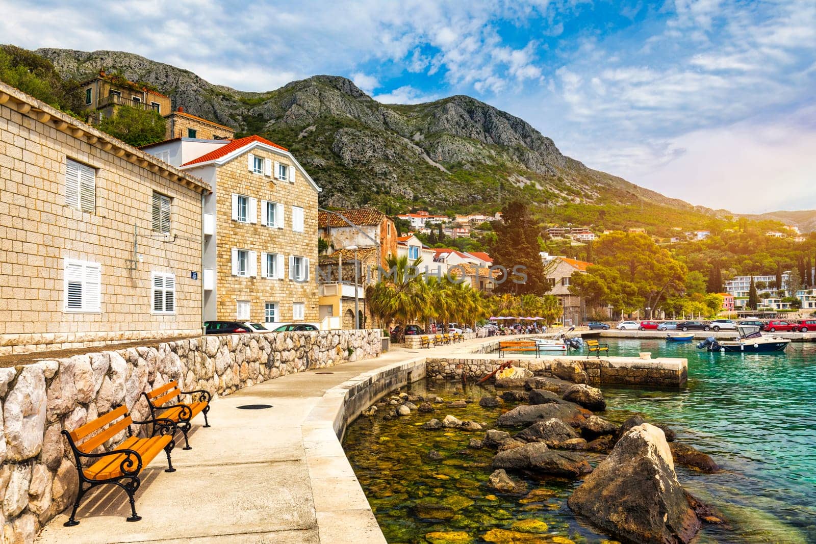 Idyllic village of Mlini in Dubrovnik archipelago view, south Dalmatia region of Croatia. Adriatic village of Mlini waterfront aerial view, Dubrovnik coastline of Croatia.