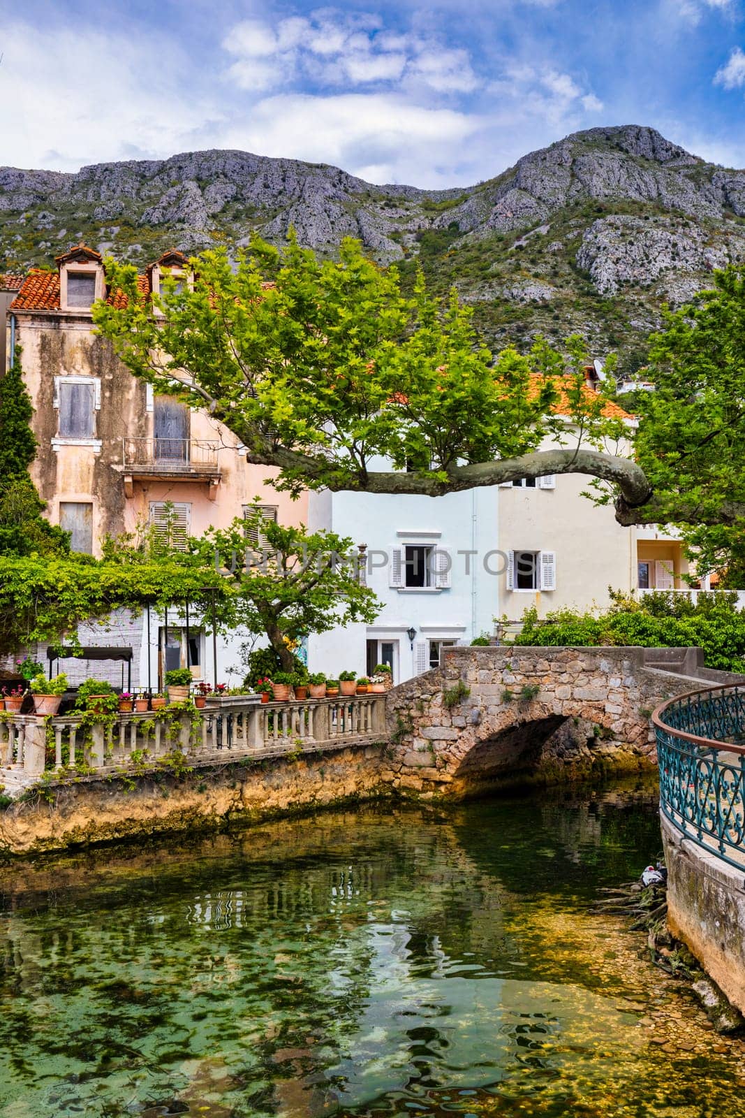 Idyllic village of Mlini in Dubrovnik archipelago view, south Dalmatia region of Croatia. Adriatic village of Mlini waterfront aerial view, Dubrovnik coastline of Croatia.