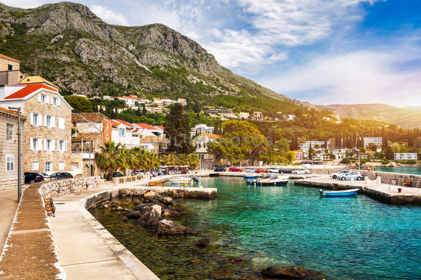 Idyllic village of Mlini in Dubrovnik archipelago view, south Dalmatia region of Croatia. Adriatic village of Mlini waterfront aerial view, Dubrovnik coastline of Croatia.