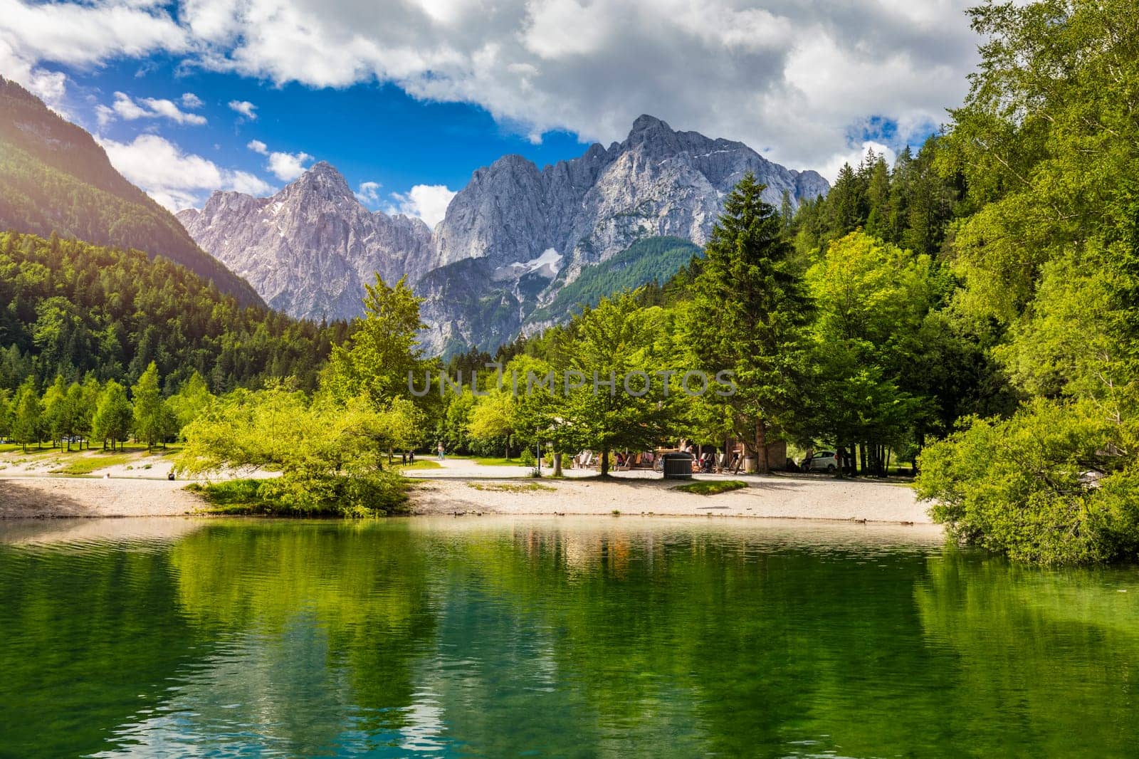 Great nature scenery in Slovenian Alps. Incredible summer landscape on Jasna lake. Triglav national park. Kranjska Gora, Slovenia. Mountain lake Jasna in Krajsnka Gora, Slovenia. 