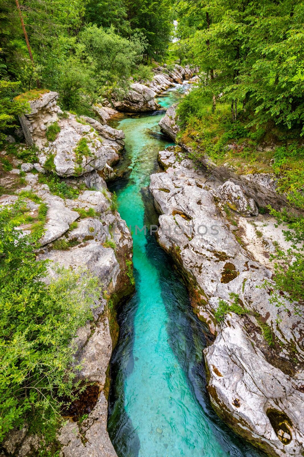 Amazing Soca river gorge in Slovenian Alps. Great Soca Gorge (Velika korita Soce), Triglav National park, Slovenia. Great canyon of Soca river, Bovec, Slovenia. Soca Gorge in Triglav National Park.