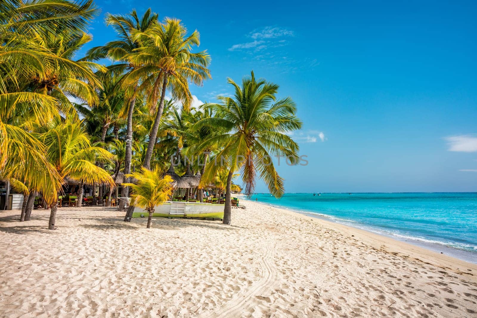 A beach with palm trees and umbrellas on Le morne Brabant beach in Mauriutius. Tropical crystal ocean with Le Morne beach and luxury beach in Mauritius. Le Morne beach with palm trees, white sand and luxury resorts, Mauritius. by DaLiu