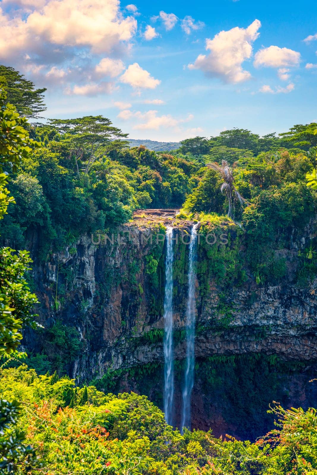 The highest waterfall on the island of Mauritius is Chamarel, whose water falls into the crater of a long-extinct volcano. Exotic nature of tropical paradise of Mauritius island, Chamarel waterfall.