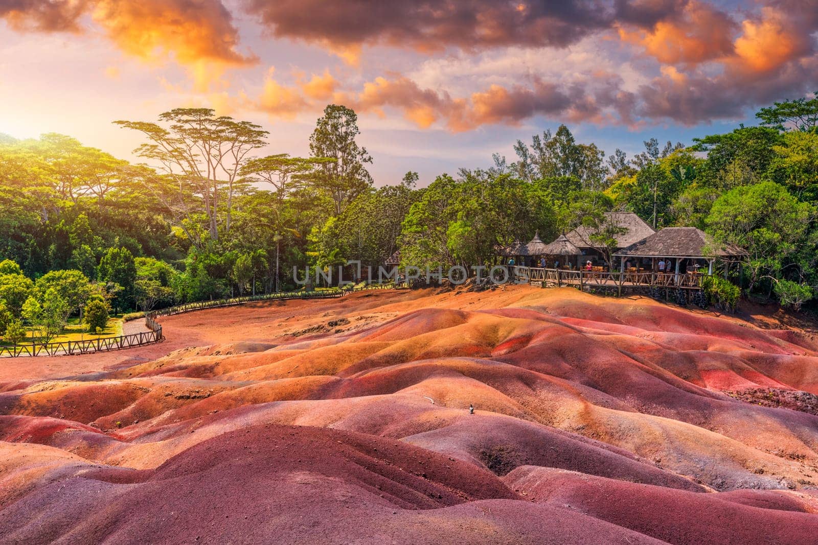 Chamarel Seven Colored Earth Geopark in Mauritius Island. Colorful panoramic landscape about this volcanic geological formation Chamarel Seven Colored Earth Geopark in Riviere noire district. by DaLiu