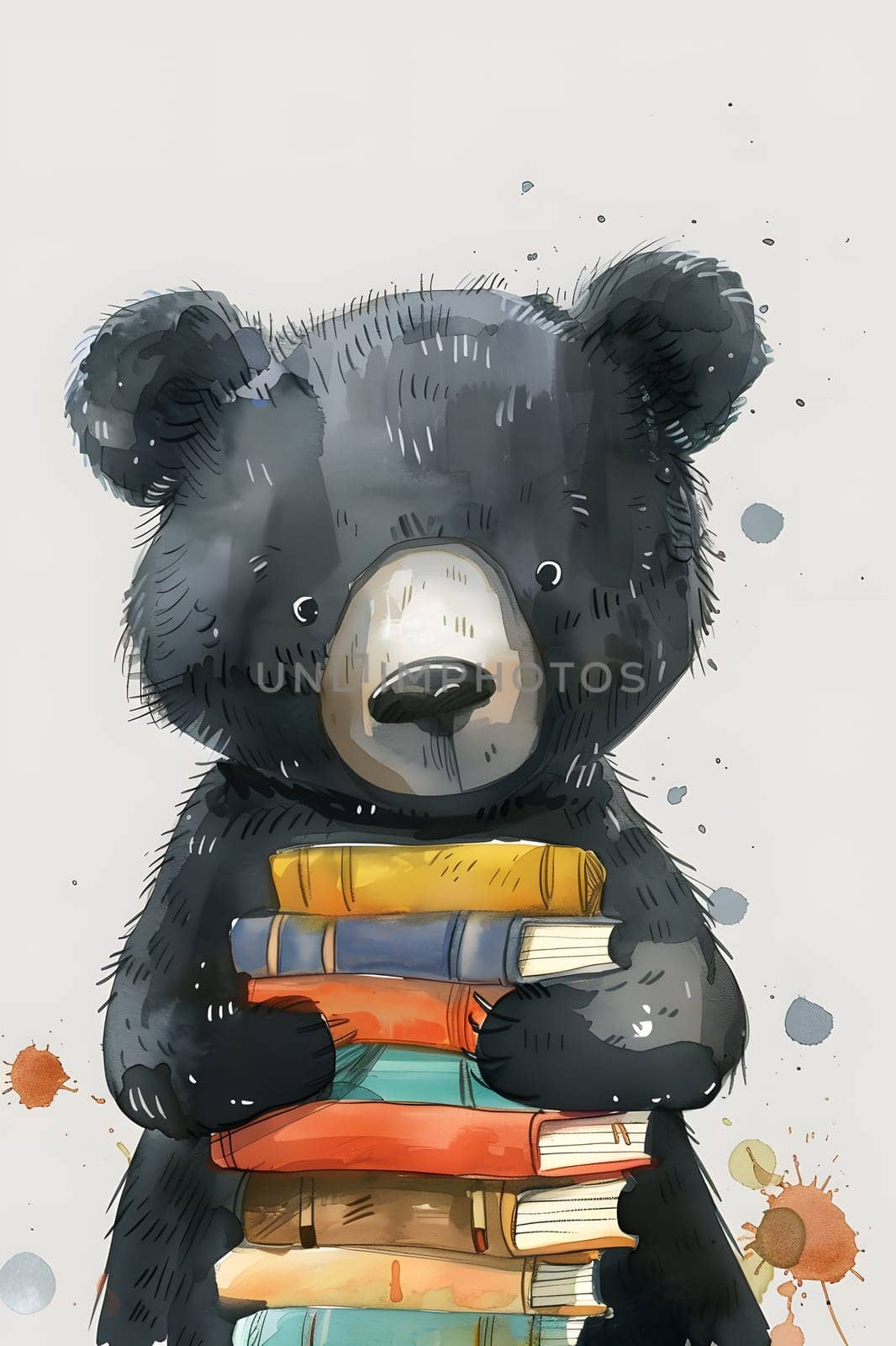 A black bear toy is making a gesture of holding a stack of books with its snout. The animal figure, with its fur, looks like an illustration of a fictional character in a childrens book
