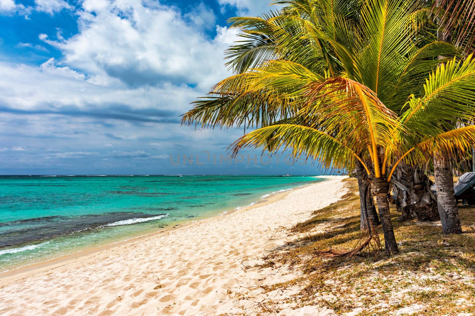 Tropical beach scenery, vacation in paradise island Mauritius. Dream exotic island, tropical paradise. Best beaches of Mauritius island, luxury resorts of Mauritius, Indian Ocean, Africa. by DaLiu