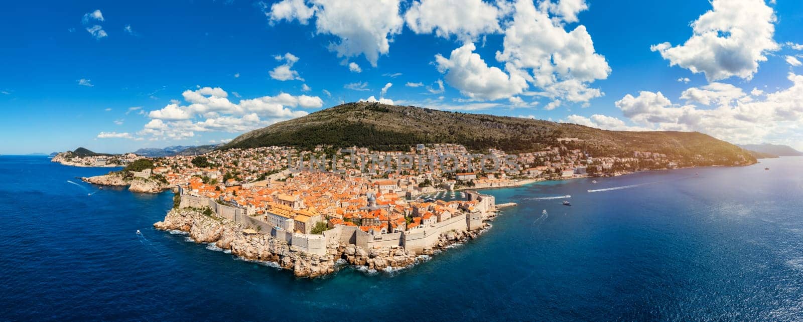 The aerial view of Dubrovnik, a city in southern Croatia fronting the Adriatic Sea, Europe. Old city center of famous town Dubrovnik, Croatia. Dubrovnik historic city of Croatia in Dalmatia.  by DaLiu