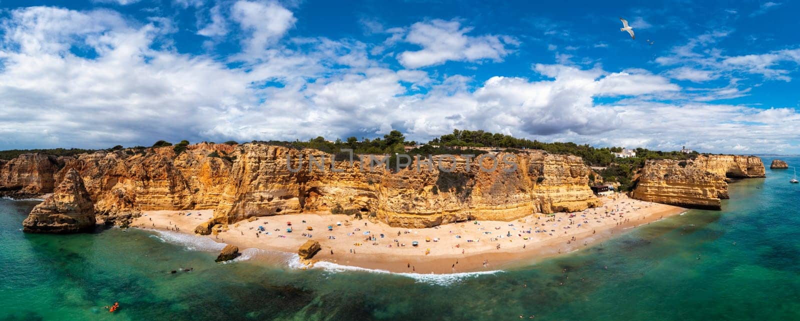 Praia da Marinha, beautiful beach Marinha in Algarve, Portugal. Navy Beach (Praia da Marinha) with flying seagulls over the beach, located on the Atlantic coast in Lagoa Municipality, Algarve.