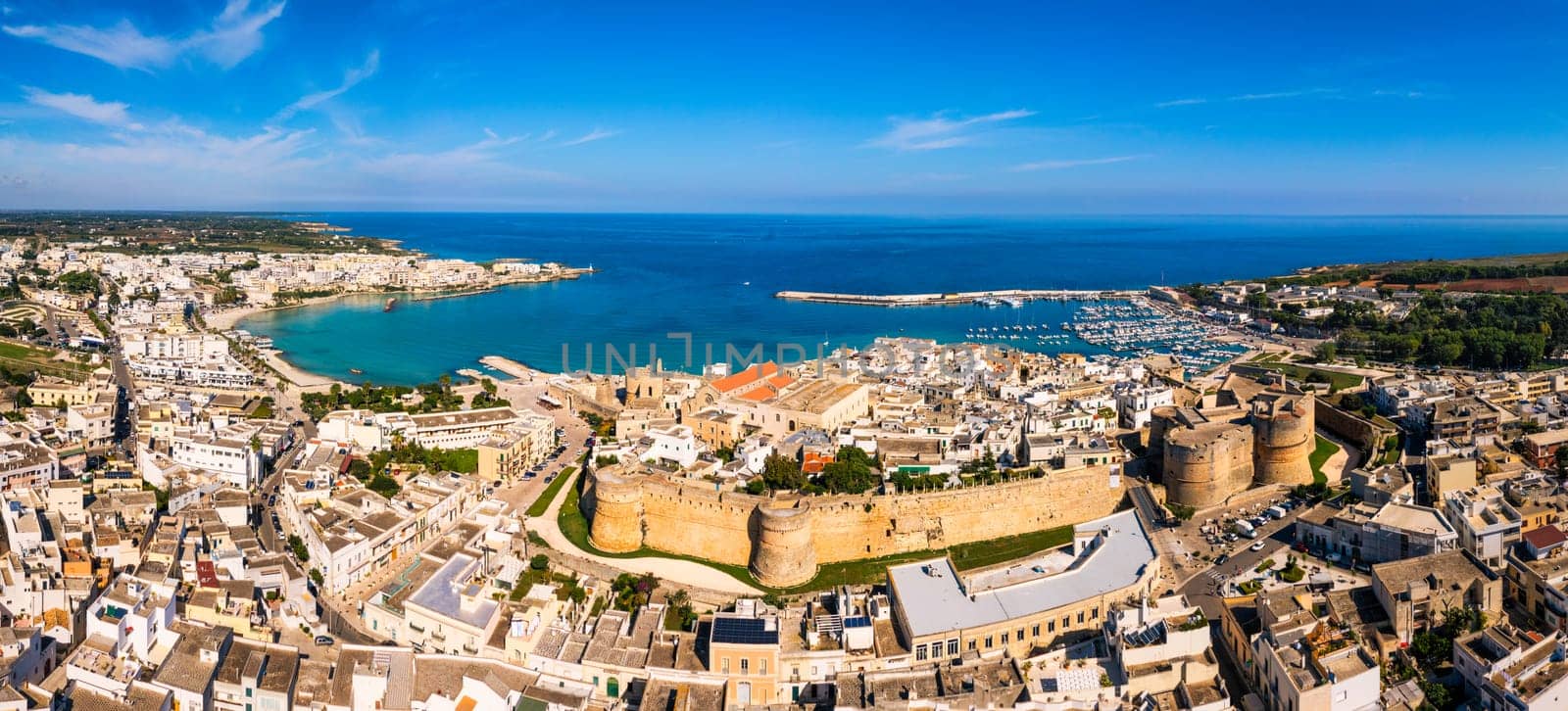 Aerial view of Otranto town on the Salento Peninsula in the south of Italy, Easternmost city in Italy (Apulia) on the coast of the Adriatic Sea. View of Otranto town, Puglia region, Italy.