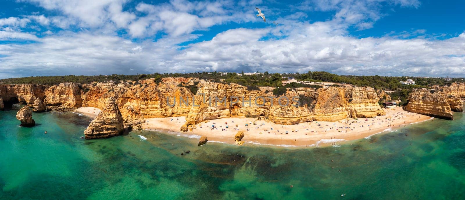 Praia da Marinha, beautiful beach Marinha in Algarve, Portugal. Navy Beach (Praia da Marinha) with flying seagulls over the beach, located on the Atlantic coast in Lagoa Municipality, Algarve. by DaLiu