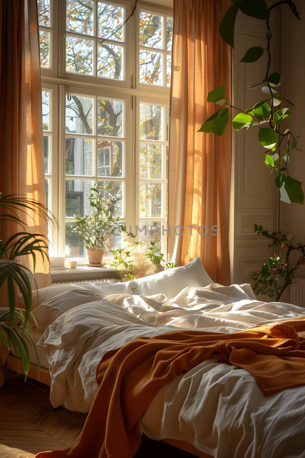 A wooden bed is placed in front of a window in a bedroom, offering comfort and natural sunlight. This propertys interior design includes flooring, fixtures, and a building structure