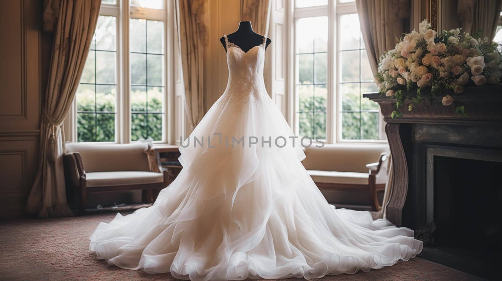 Wedding drees, bridal gown style and bespoke fashion, full-legth white tailored ball gown in showroom, tailor fitting, beauty and wedding by Anneleven