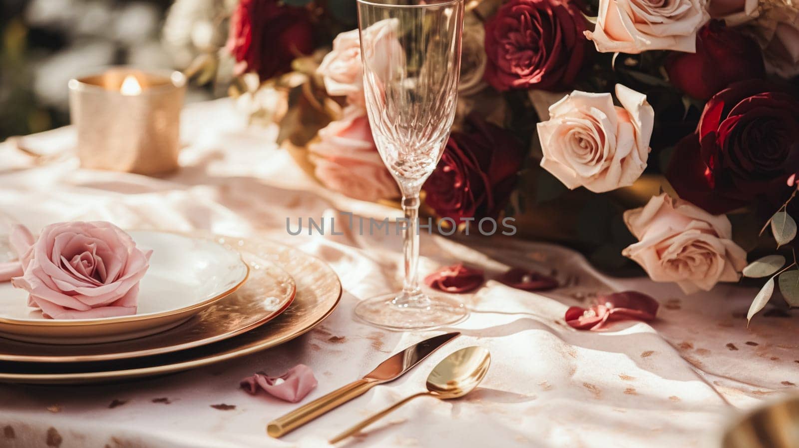 Wedding and event celebration tablescape with flowers, formal dinner table setting with roses and wine, elegant floral table decor for dinner party and holiday decoration, home styling by Anneleven