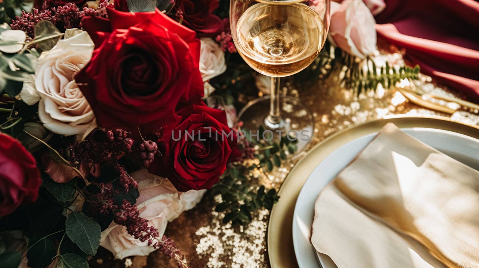 Wedding and event celebration tablescape with flowers, formal dinner table setting with roses and wine, elegant floral table decor for dinner party and holiday decoration, home styling idea