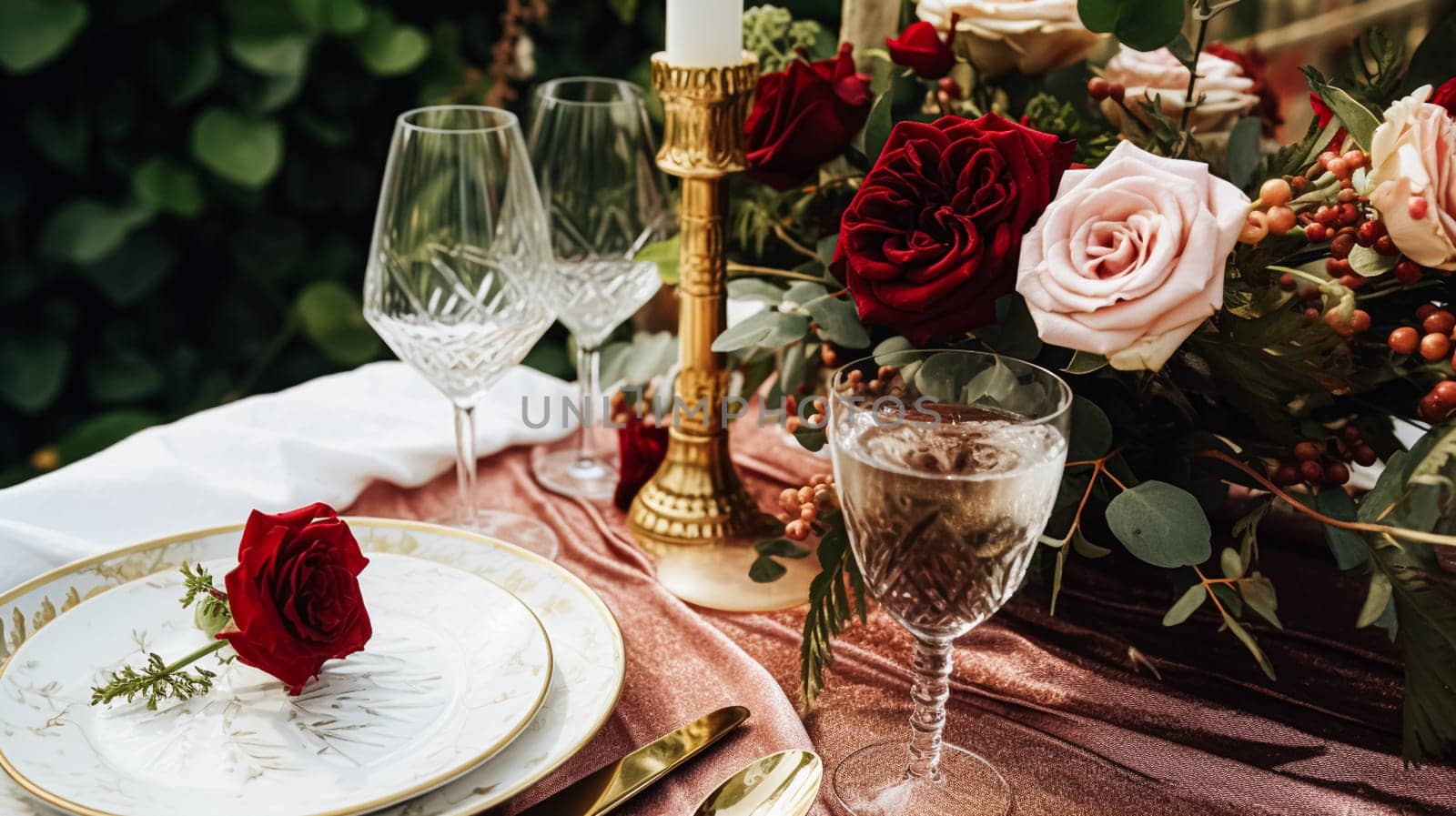 Wedding and event celebration tablescape with flowers, formal dinner table setting with roses and wine, elegant floral table decor for dinner party and holiday decoration, home styling idea