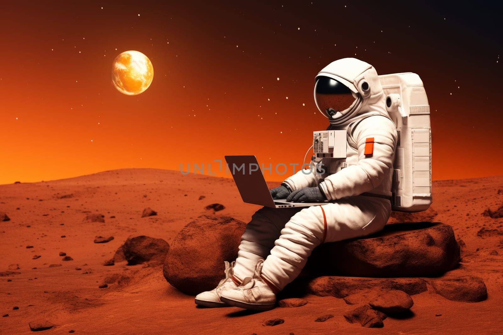 A man in a spacesuit is sitting on the ground and using a laptop.ai generative by matamnad