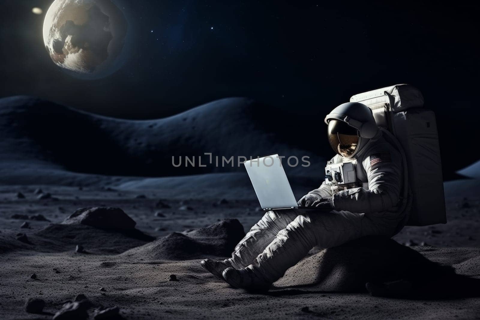 A man in a spacesuit is sitting on the ground and using a laptop.ai generative.