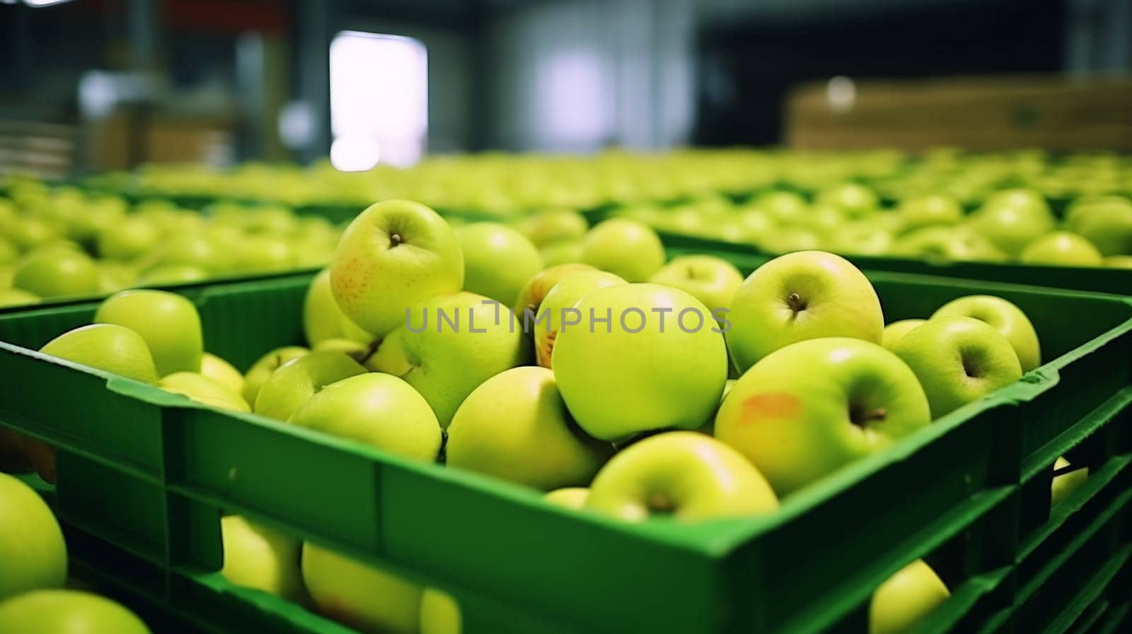 A large pile of green apples on a conveyor belt.ai generative by matamnad