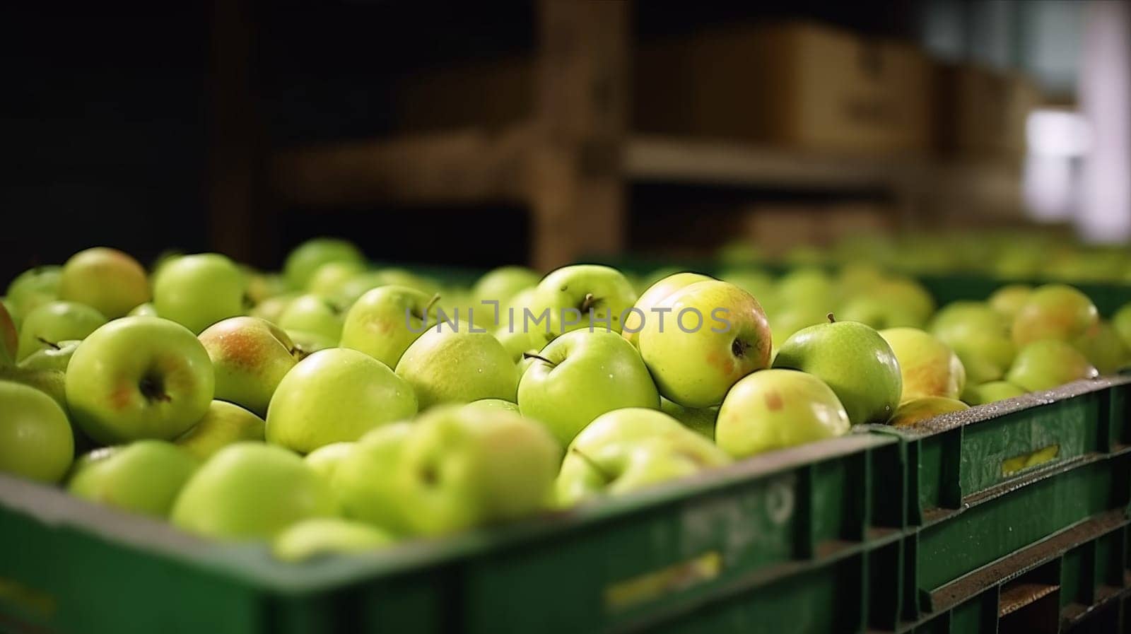 A large pile of green apples on a conveyor belt.ai generative by matamnad