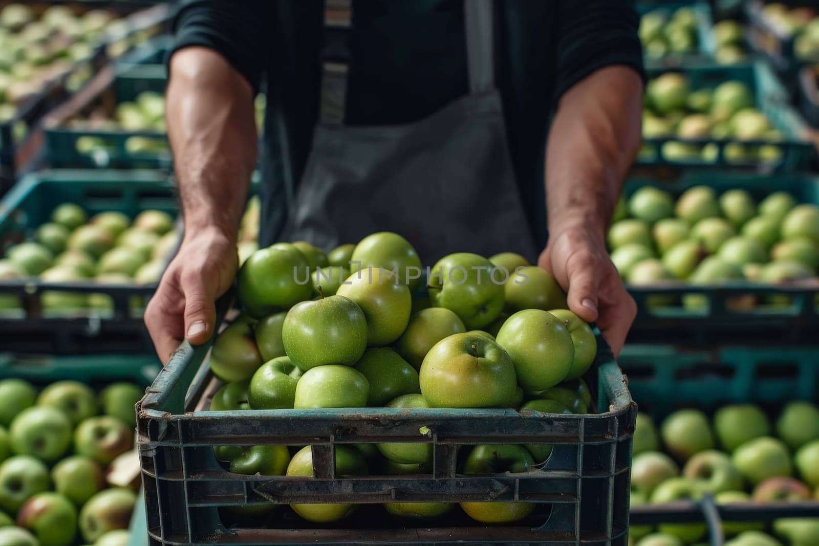 A man is holding a basket of green apples. ai generative by matamnad