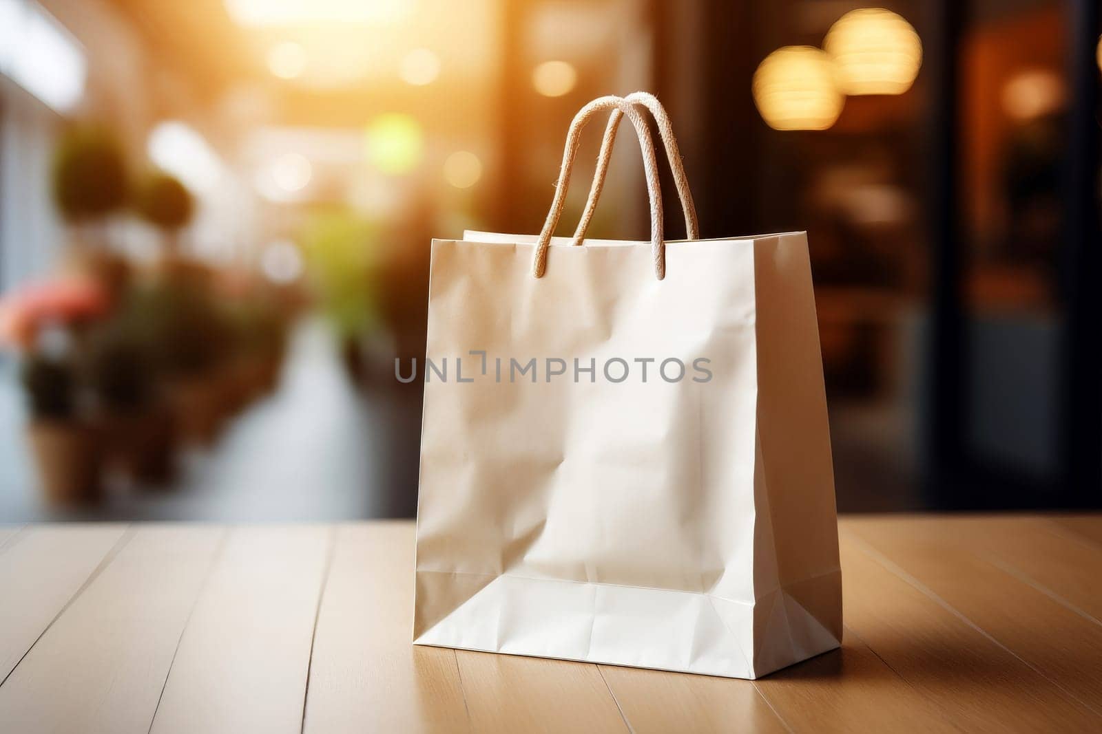 A shopping bag is sitting on the floor in a busy shopping mall.ai generative.