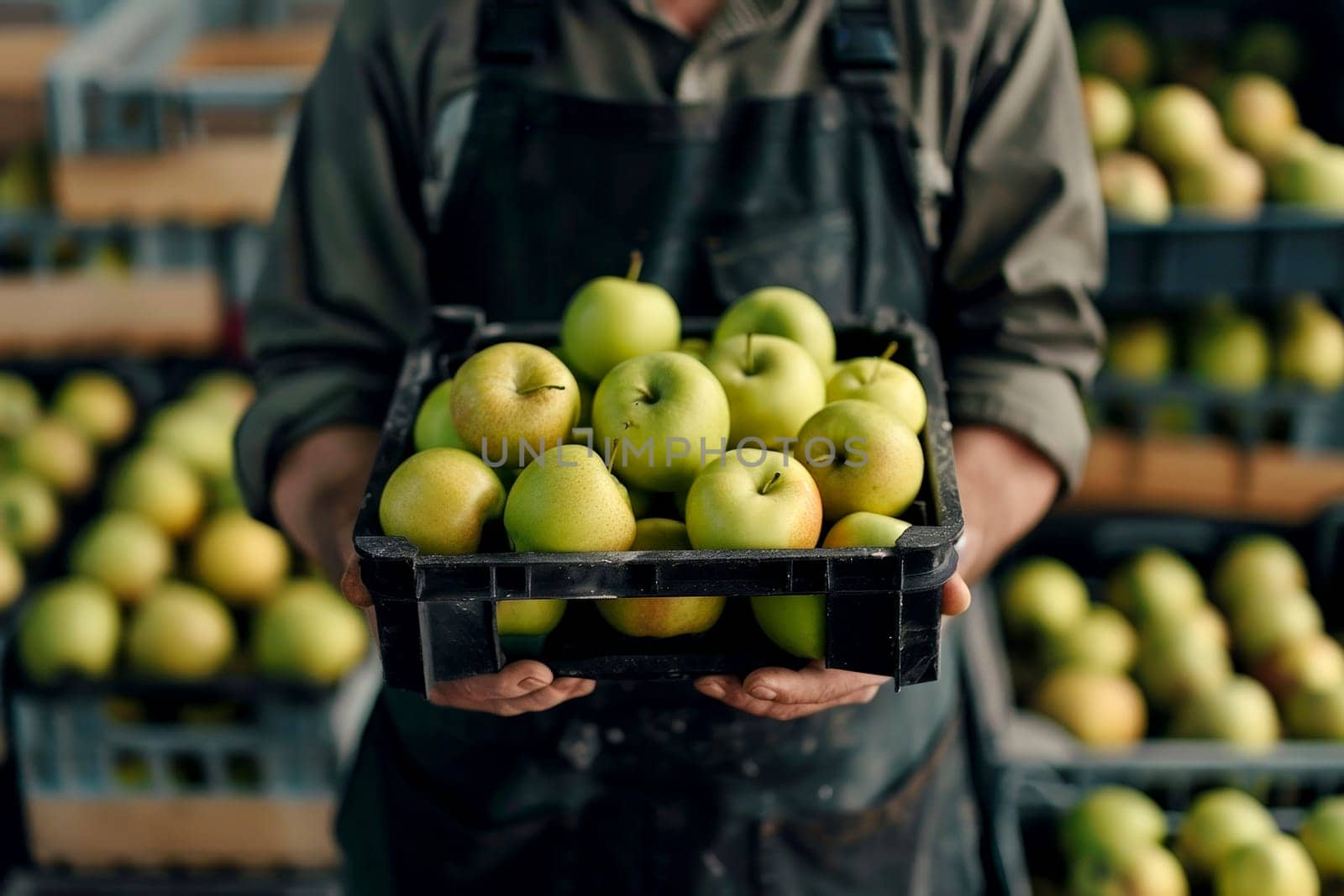 A man is holding a basket of green apples. ai generative by matamnad