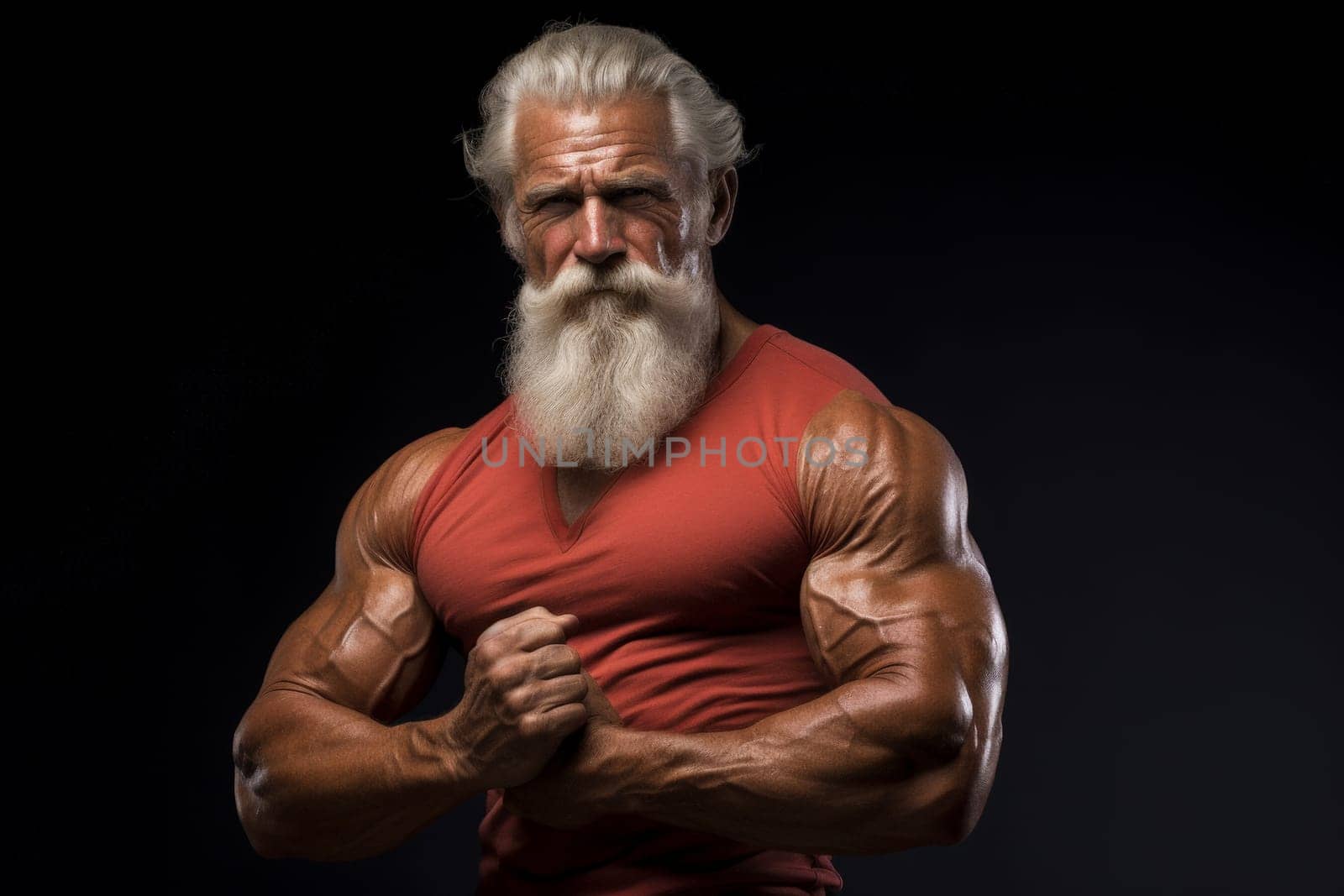 A elder man with a beard and a muscular build is posing for a photo.ai generative by matamnad
