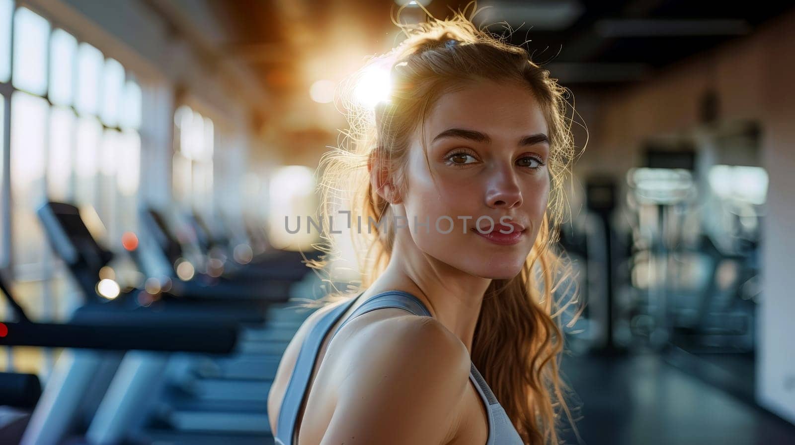 A woman with long hair is standing in a gym.ai generative by matamnad
