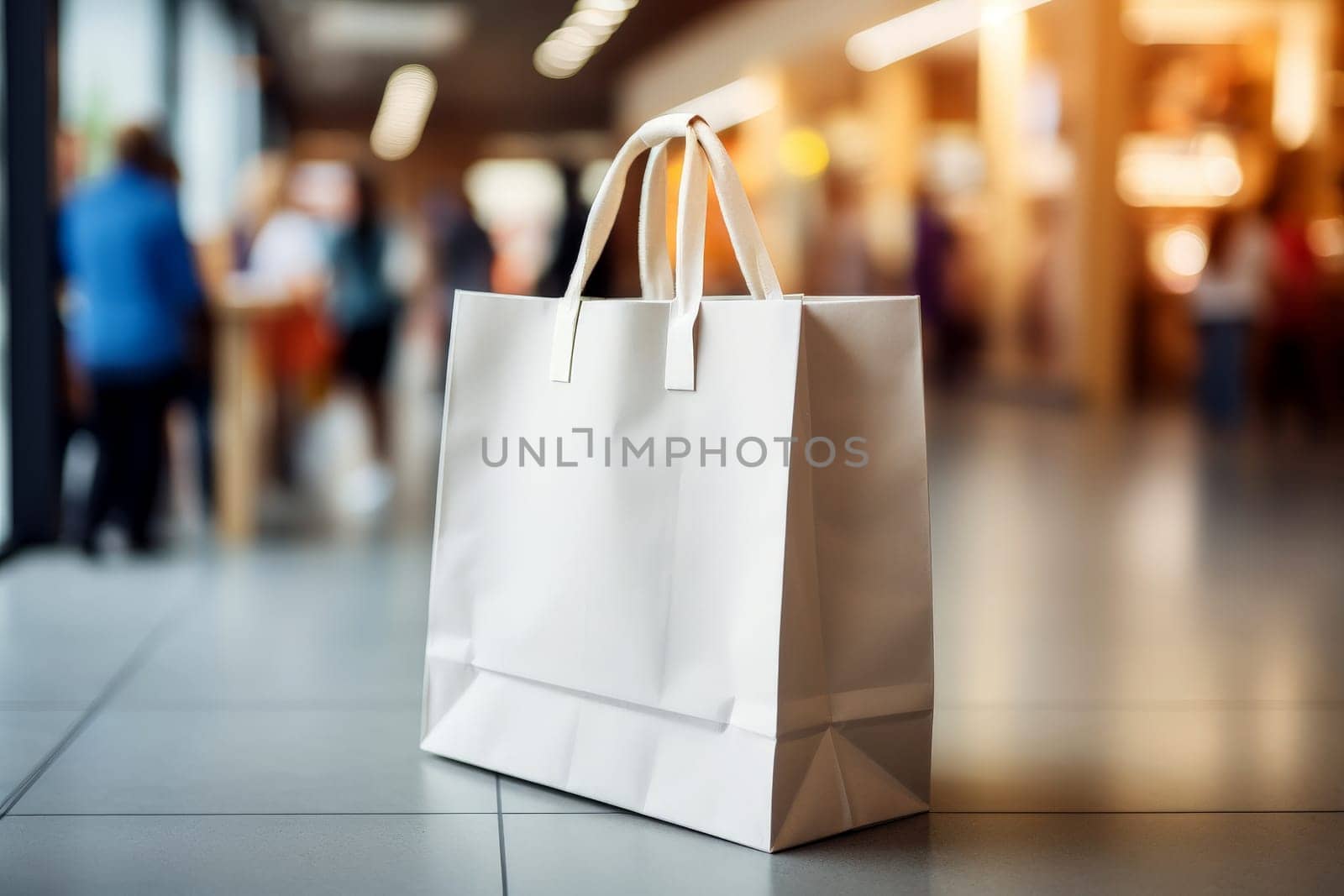 A white shopping bag is sitting on the floor in a busy shopping mall.ai generative by matamnad