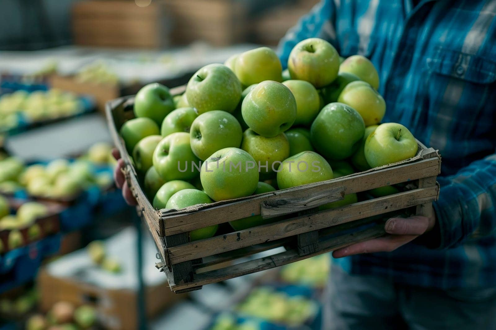 A man is holding a basket of green apples. ai generative.