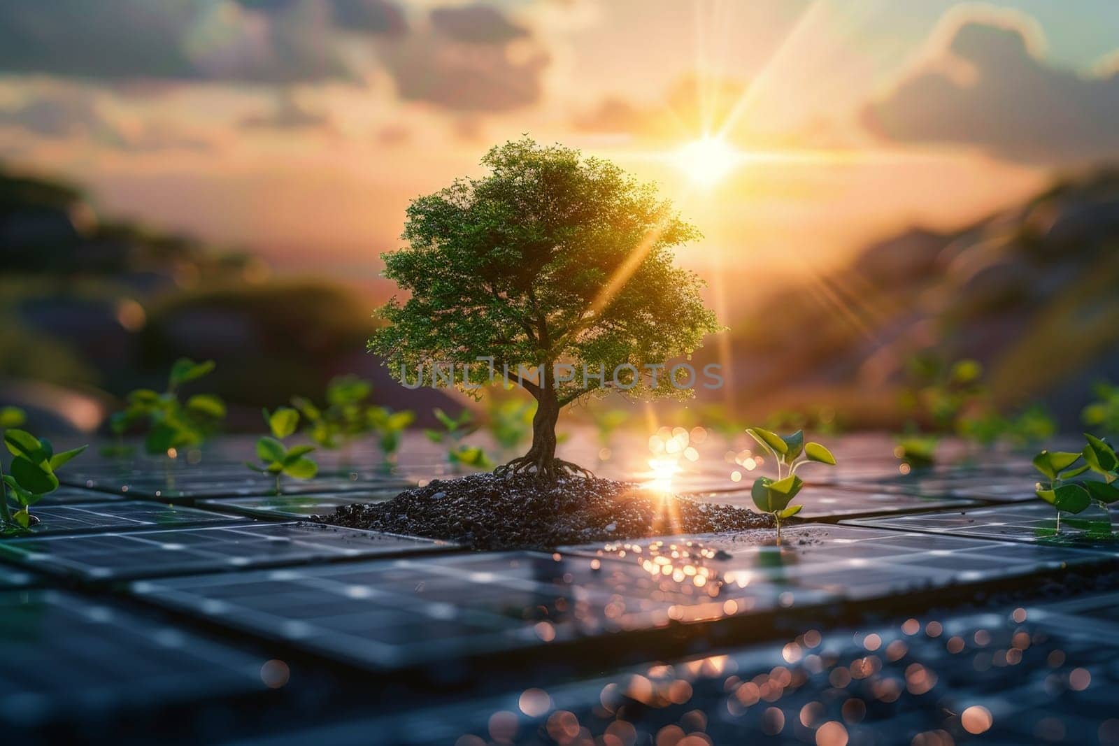 A small tree is growing in a field of solar cells .renewable energy and sustainable .AI generative by matamnad