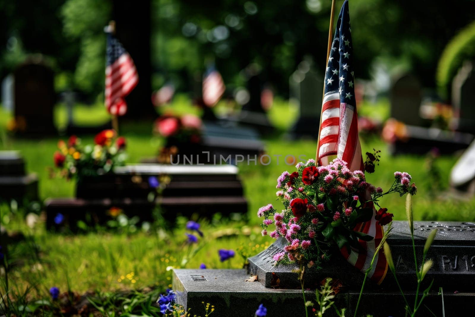 memory day concept. A small American flag is on a rock in a cemetery.