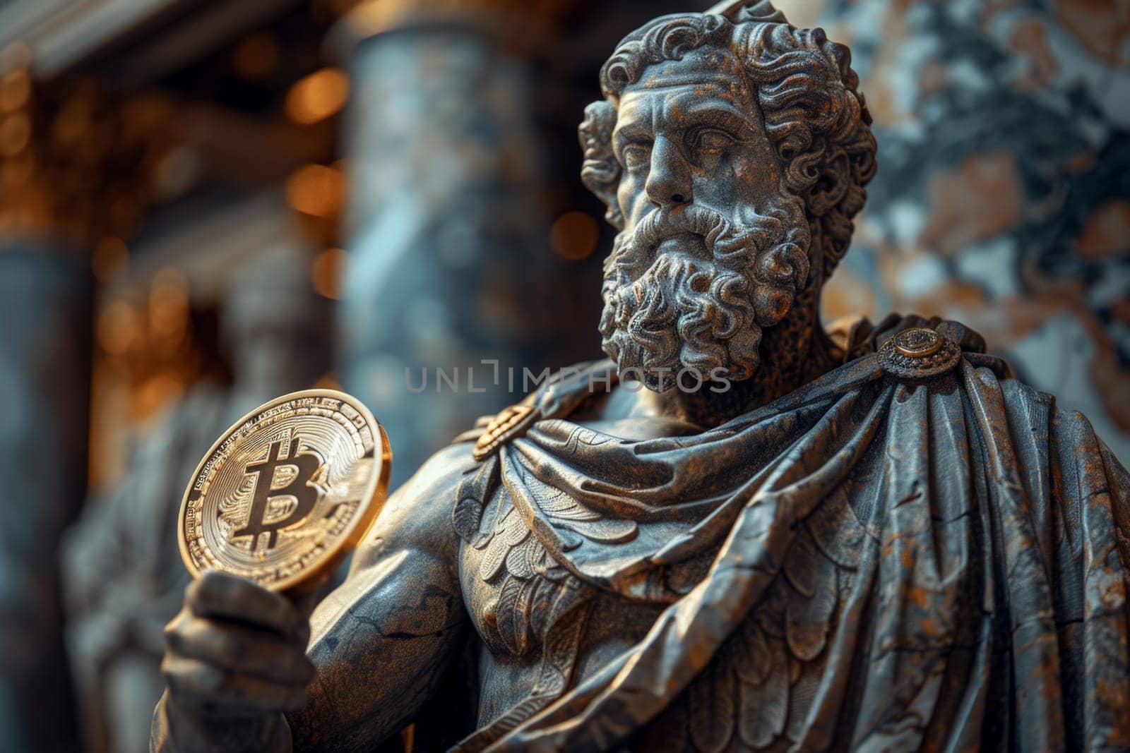 A statue of a man holding a gold bitcoin . ai generative by matamnad