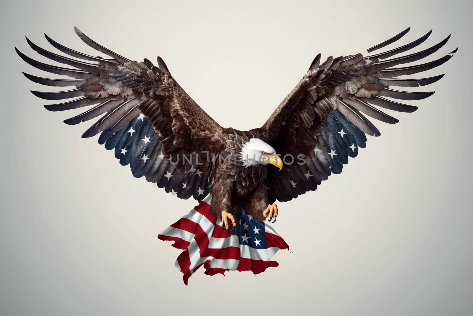 A large eagle with a red, white, and blue American flag in its talons. The eagle is soaring in the sky, representing freedom and strength