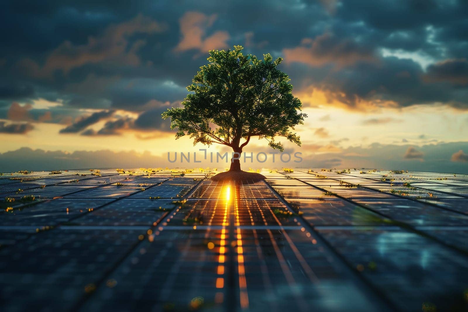 A small tree is growing in a field of solar cells .renewable energy and sustainable .AI generative by matamnad