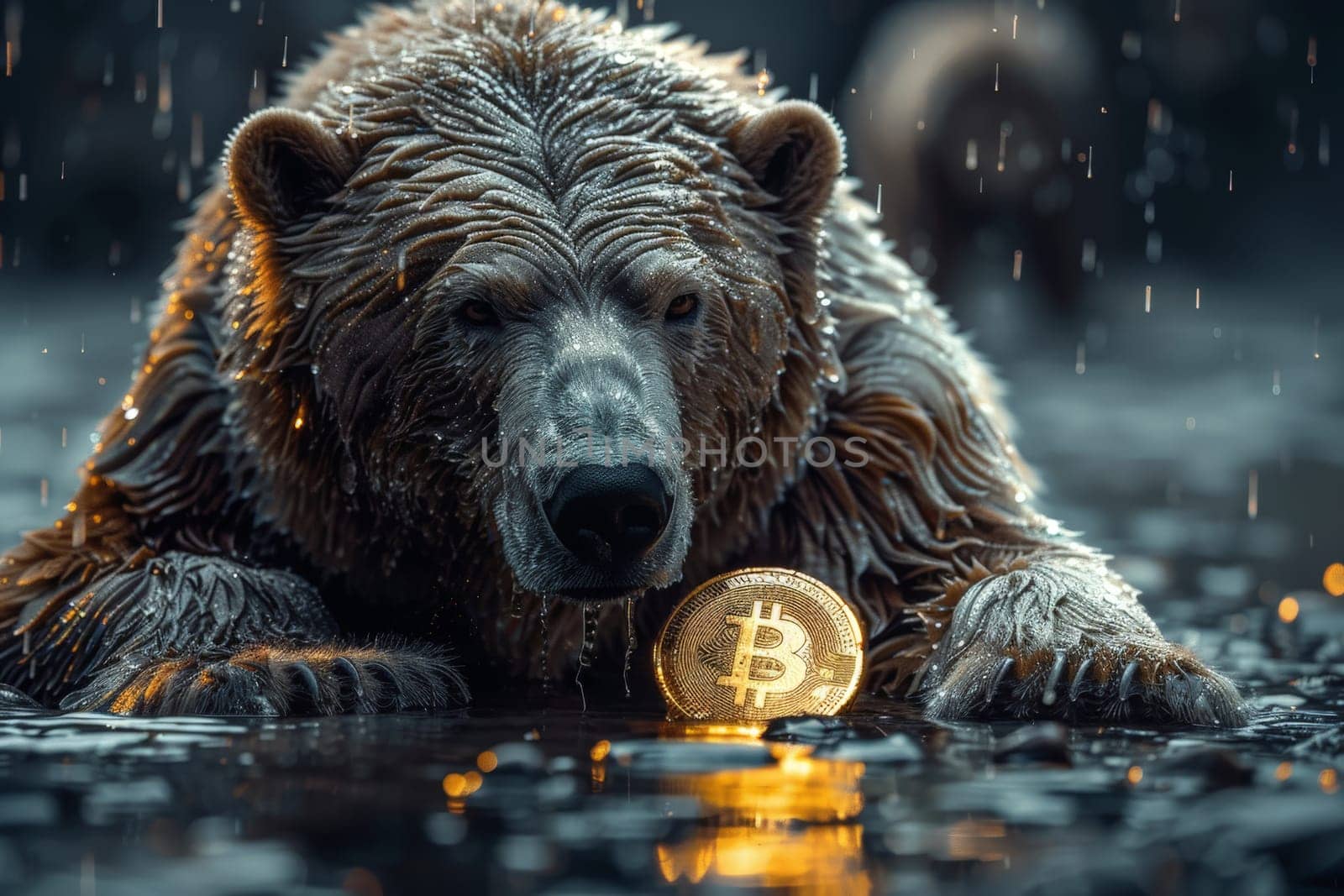 A bear is holding a bitcoin.ai generative.