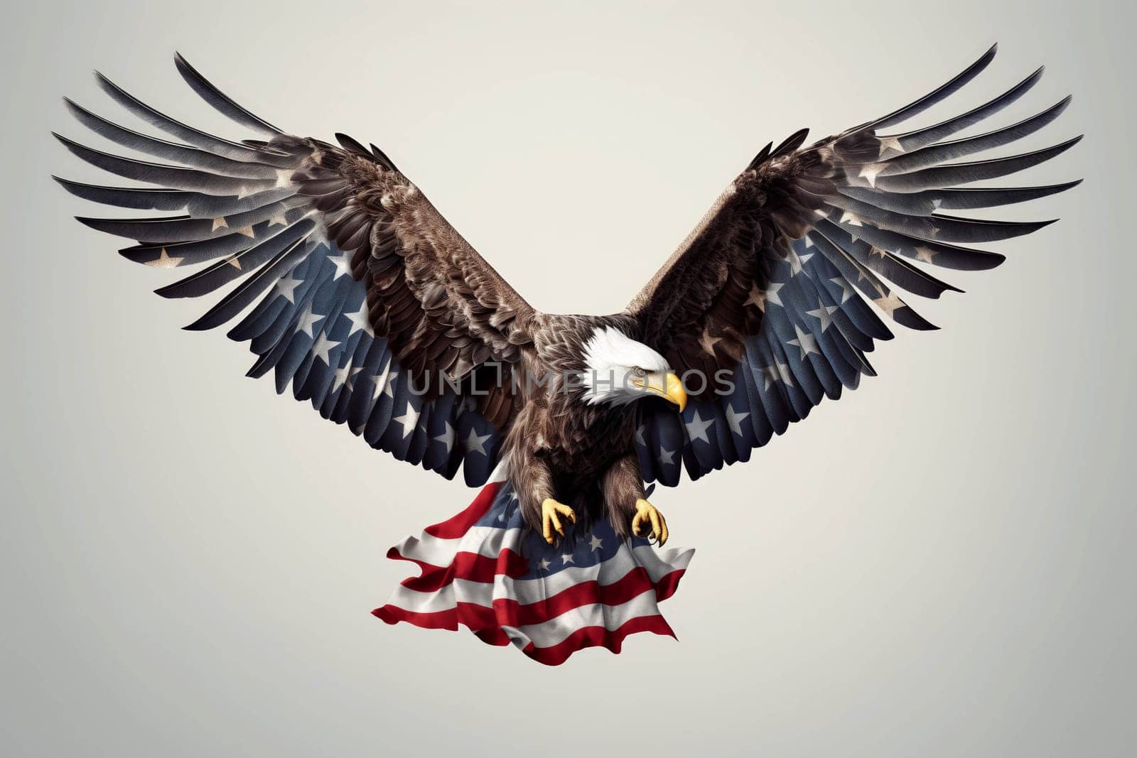 A large eagle with a red, white, and blue American flag in its talons. The eagle is soaring through the sky, representing freedom and strength