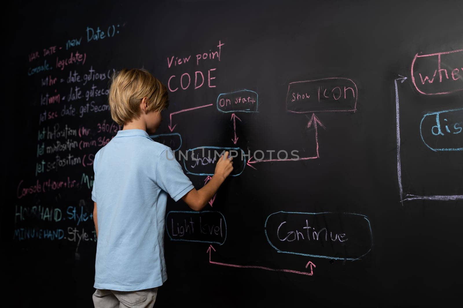 Back view of boy writing a code on blackboard while stand and think with casual shirt and holding chalk. The kid learning about plan for programming code with flowchart and looking prompt. Erudition.