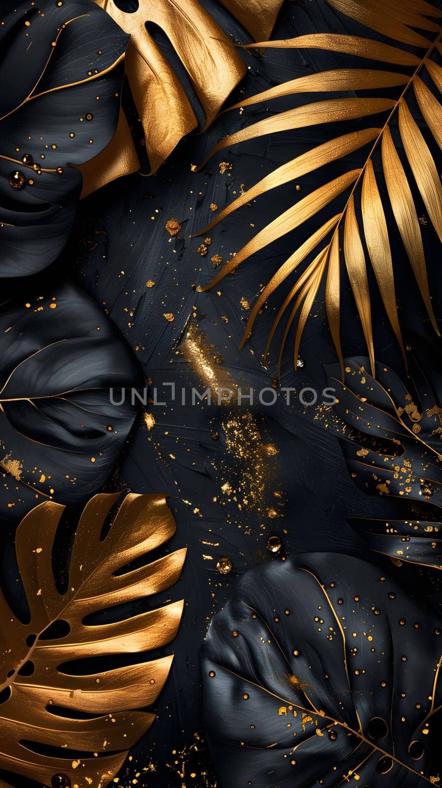 a black background with gold leaves on it by Nadtochiy