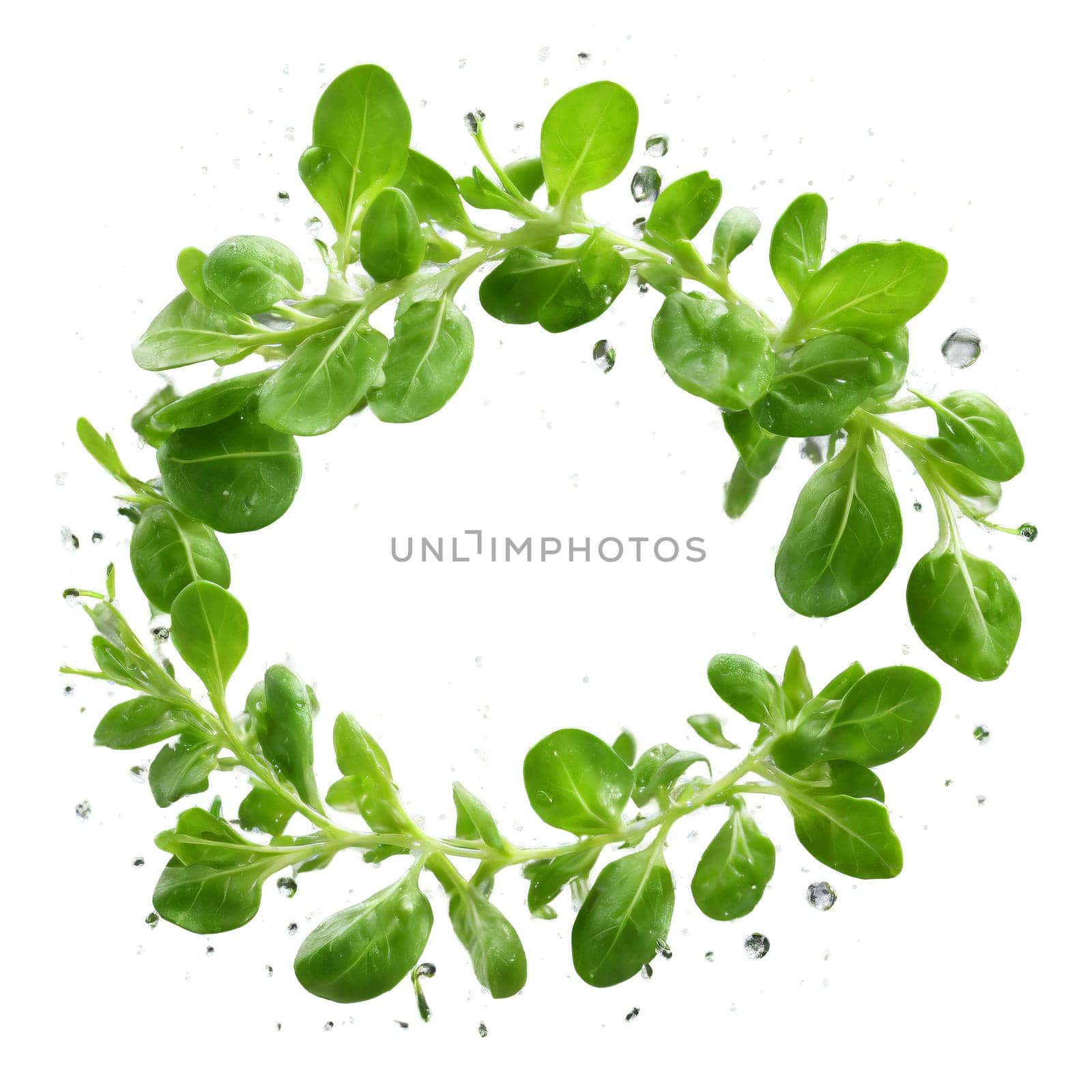 Fresh arugula leaves spinning water droplets splashing stems twirling Eruca vesicaria Food and Culinary concept by panophotograph