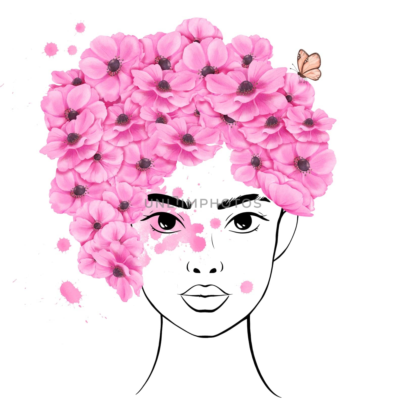 watercolor illustration. a linear portrait of a stunning young woman. Her hair with pink anemone flowers and butterfly. vibrant splashes of watercolor, symbol brightness and inspiration. avatar by Art_Mari_Ka