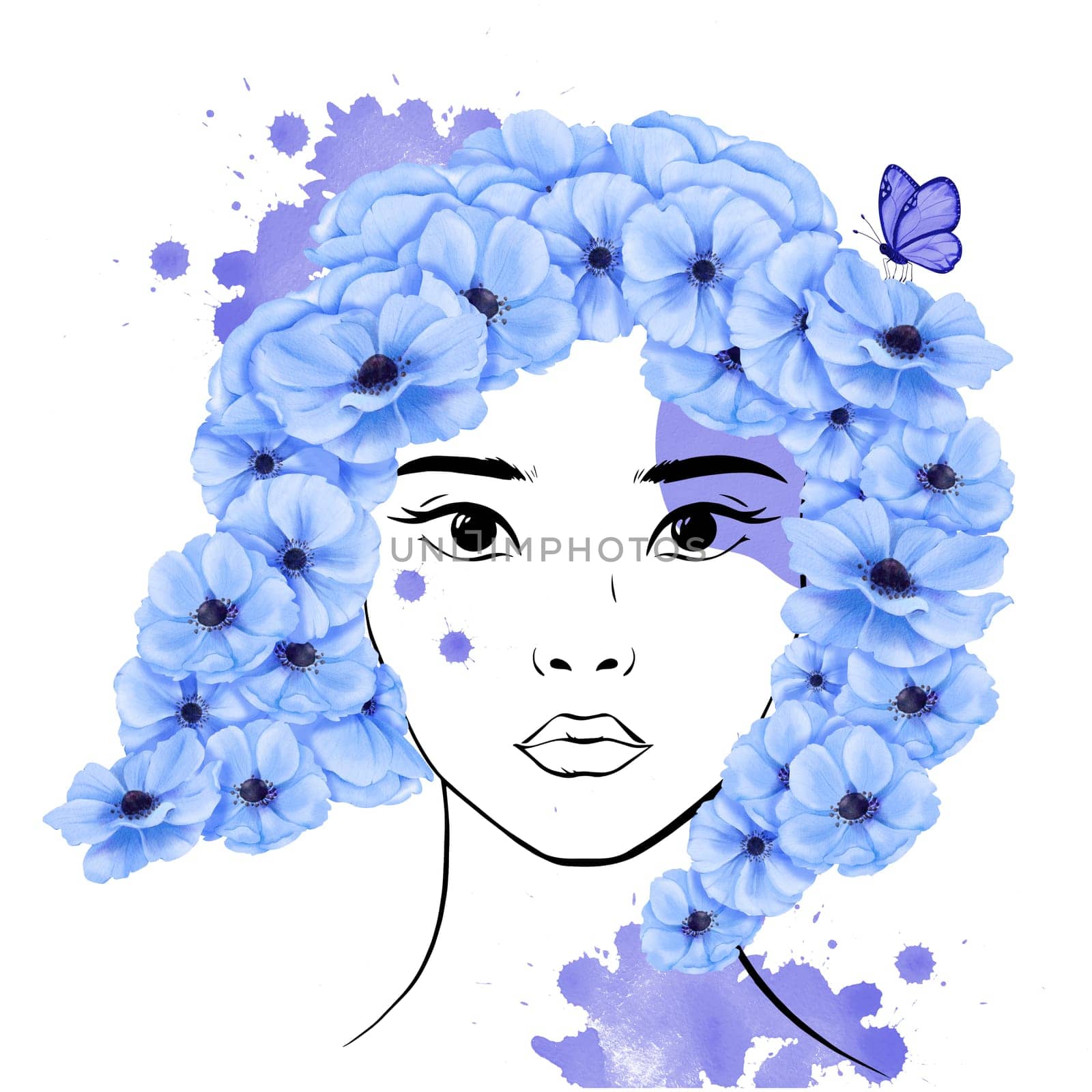 line drawing portraying the grace of a youthful Asian lady. Adorned with charming blue anemone blossoms and a delicate butterfly, symbolizing her sense of liberation and adventurous spirit.