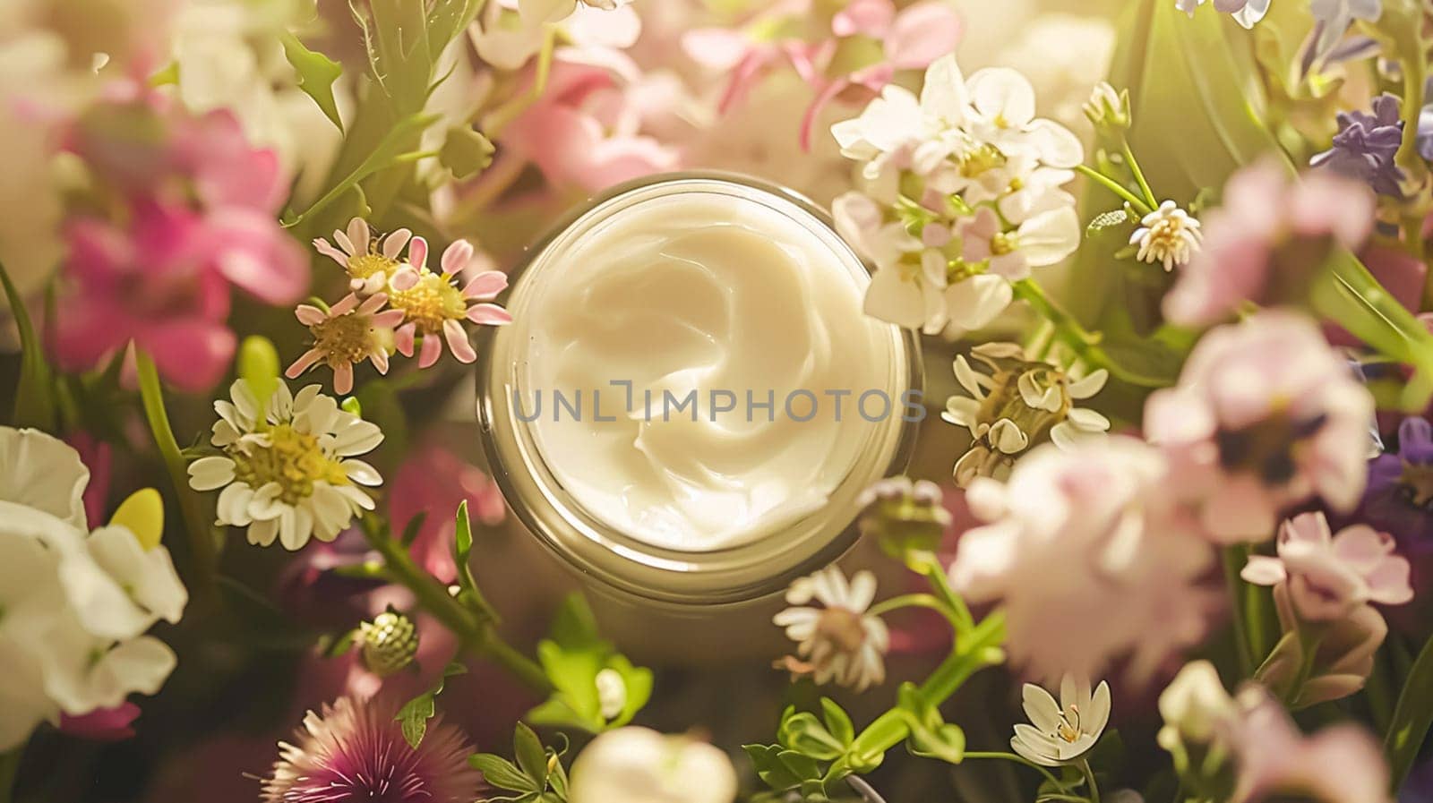 Face cream moisturizer jar on floral background. Cosmetic branding, toiletries and skincare concept by Olayola