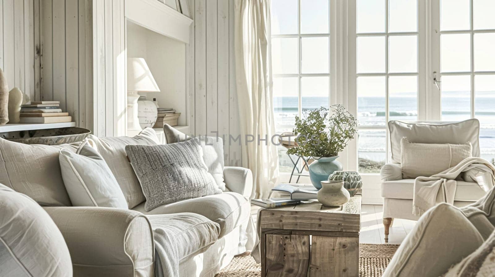 Interior of a living room with white walls, sofa and cushions. Sitting room in coastal cottage with sea view by Olayola