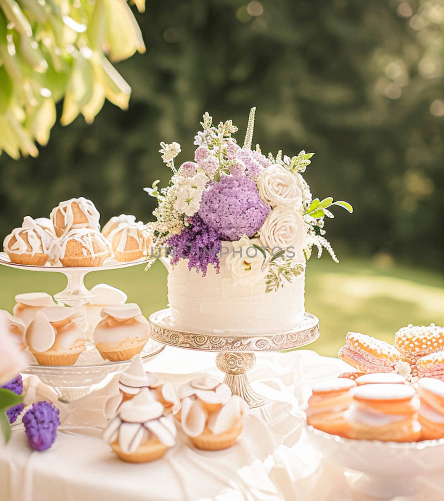 Wedding table decoration with lavender flowers, sweets, cake and candles