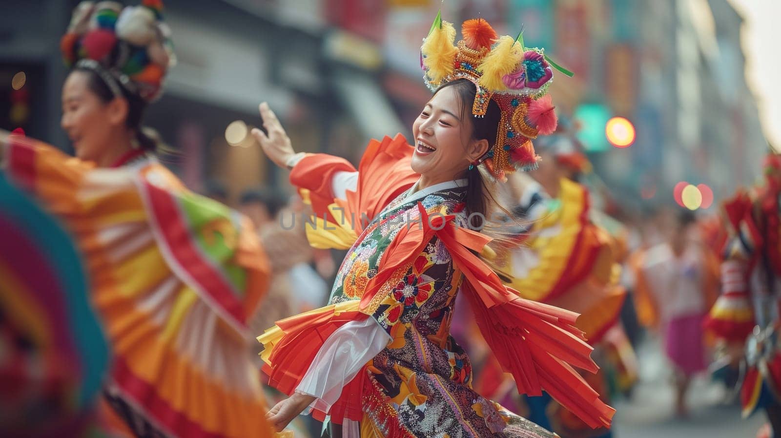 Woman in elaborate traditional attire with colorful ribbons joyfully dances on a bustling city street, celebrating heritage